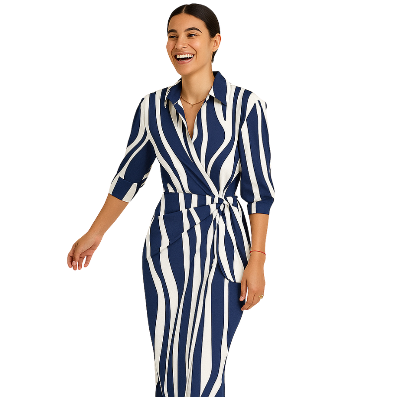 Valeria – Printet Midikjole med Skjortekrave og Korte Ærmer