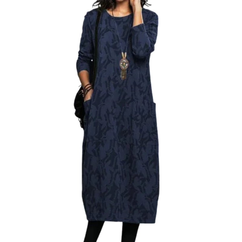 Sienna – Stilfuld Lang Kjole med Rund Hals og Sidelommer