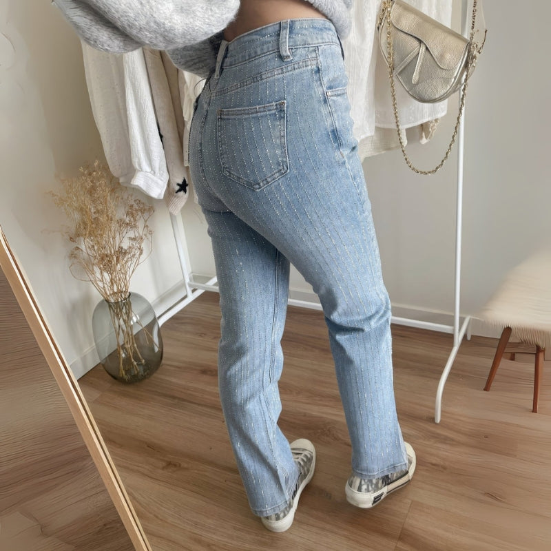 Leah - Højtaljede glitrende jeans med flere lommer