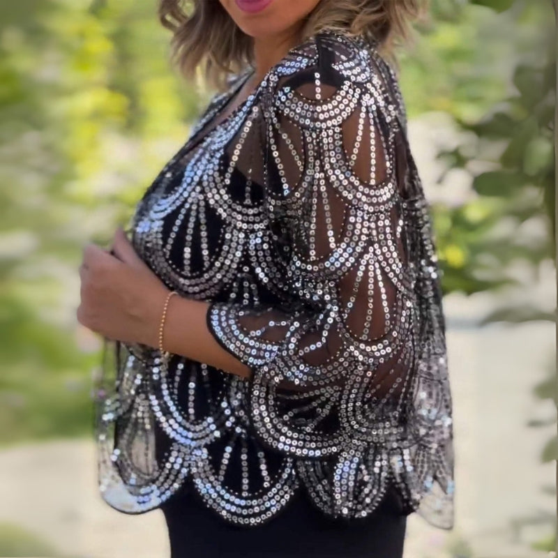 Emily – Kortærmet Casual Cardigan med Pailletter og Perler
