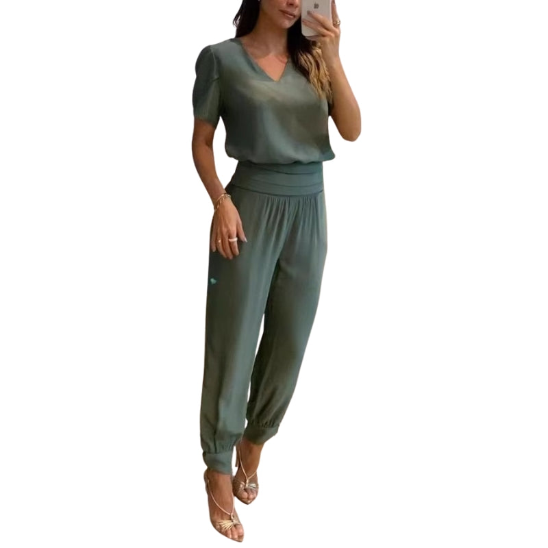 Gabriella - Printet Sæt med V Hals Top og Højtaljede Bukser