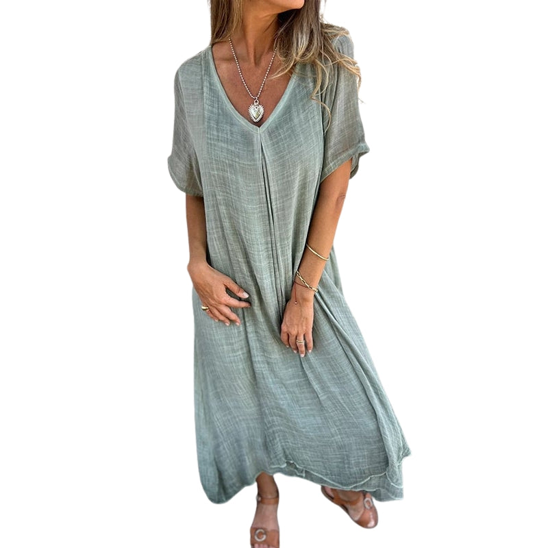 Amara - Midi Kjole med Dybt V hals og Korte Ærmer