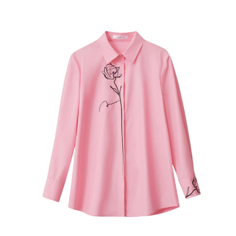Isabella - Langærmet bluse med rosenbroderi og klassisk krave