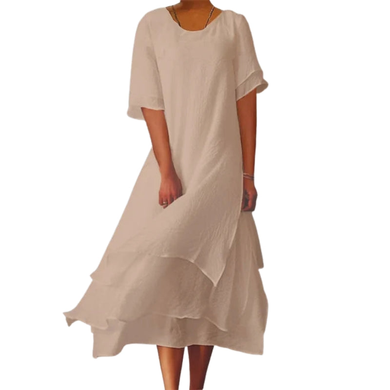 Fiona – Dobbeltlags Kjole med Rund Hals og Korte Ærmer